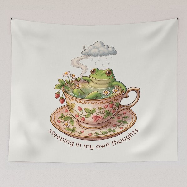Item preview, Vintage Cottagecore Teacup Frog Steeping thoughts Poster designed and sold by Aesthetic Amphi-Lab.
