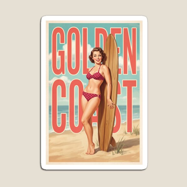 Item preview, Golden Coast Vintage Pin Up Girl Beach Surfboard Poster Art designed and sold by Cozy-Old-Pub.