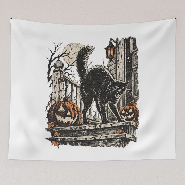 Item preview, Spooky Black Cat Hissing Halloween Vintage Pumpkins Design designed and sold by SEINENGAPPI23.