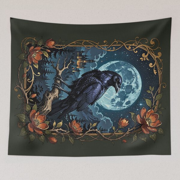 Item preview, Spooky Raven Over Full Moon Above Gothic Castle designed and sold by BorgSpareParts.
