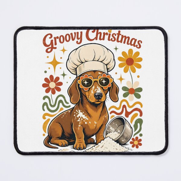 Item preview, Retro Groovy Christmas Dachshund Chef Messy Baking designed and sold by CraftyValley.