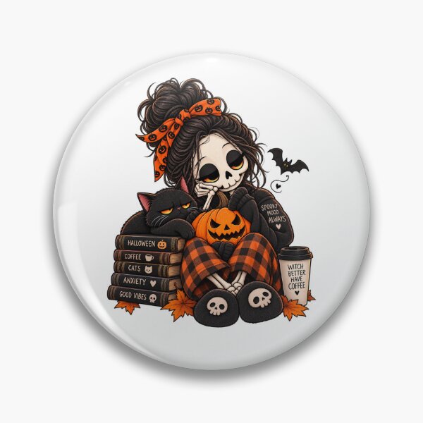 Item preview, Spooky Mood Always Halloween Skeleton Girl Cat Pumpkin Coffee designed and sold by MaggesticDesigns.