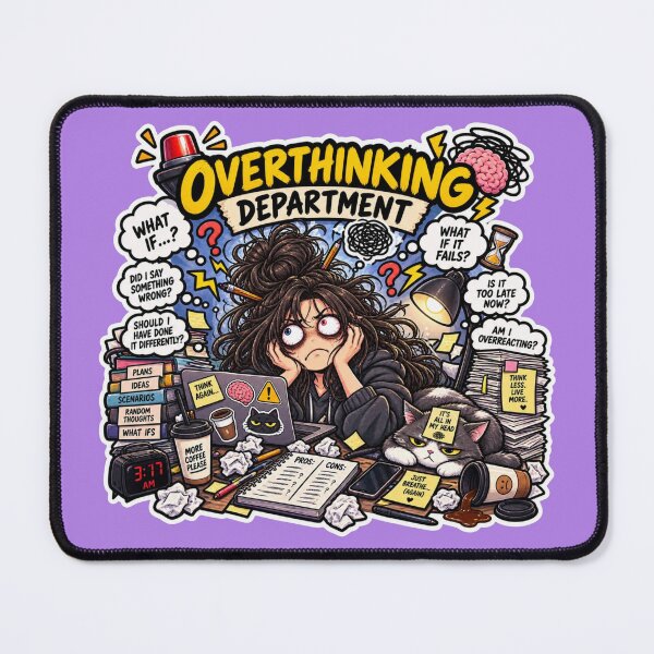 Item preview, Overthinking Department funny relatable mental health sticker T-shirt Design designed and sold by carestazafeli.