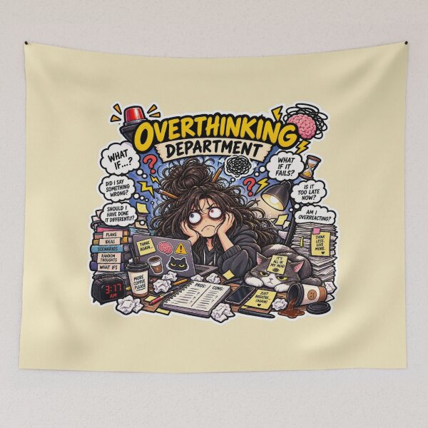 Item preview, Overthinking Department funny relatable mental health sticker T-shirt Design designed and sold by carestazafeli.