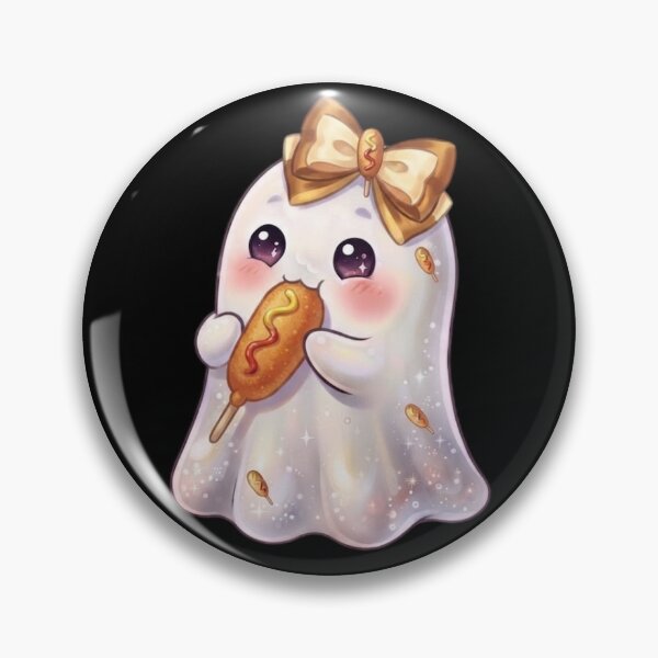 Item preview, Cute Kawaii Ghost Eating a Cheesy Yummy Corndog Design / Street Food Festival / Carnival /  /  Clothes / Tops / Decor / Halloween Decors / Foodie T-shirts mugs stickers phone case journal poster designed and sold by TeenLake.