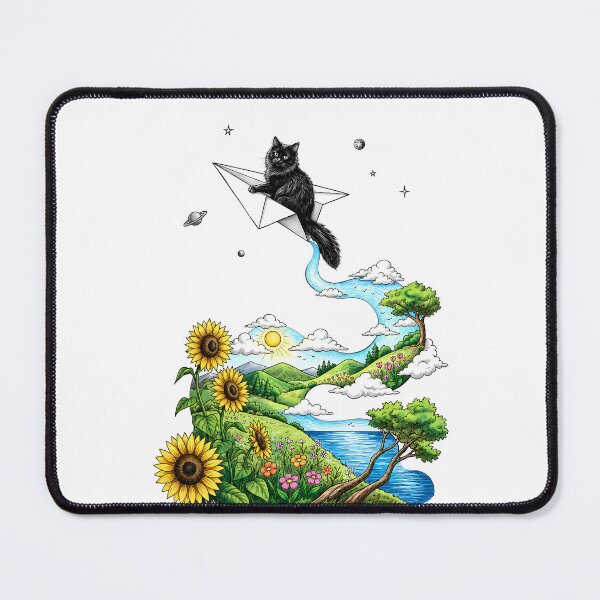 Item preview, Black Cat Riding Paper Airplane Over Sunflower Landscape River Surreal designed and sold by jarlinxsanchez.