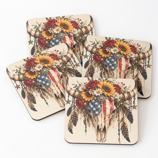 Item preview, Boho bull skull with USA flag, flowers and feathers designed and sold by Fotografin1981.