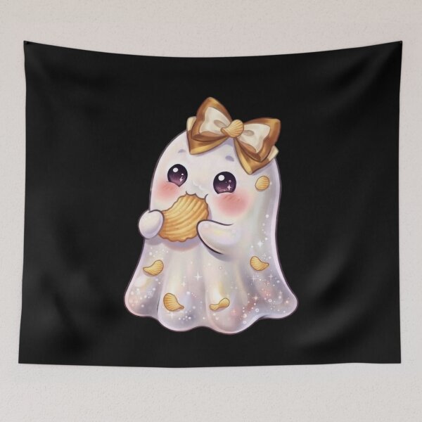 Item preview, Cute Kawaii Ghost Eating Potato Chips Design / Potato Funny /  Yummy / Tops / Anime / Halloween Decors / Foodie T-shirts mugs stickers phone case journal poster designed and sold by TeenLake.