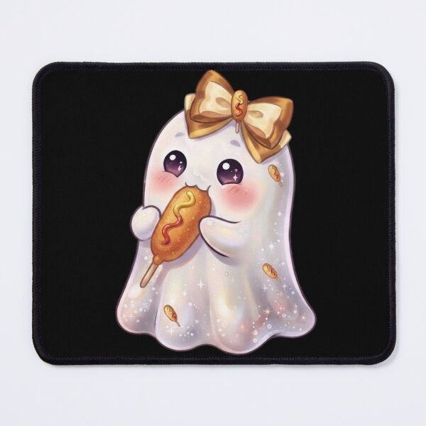Item preview, Cute Kawaii Ghost Eating a Cheesy Yummy Corndog Design / Street Food Festival / Carnival / / Clothes / Tops / Decor / Halloween Decors / Foodie T-shirts mugs stickers phone case journal poster designed and sold by TeenLake.