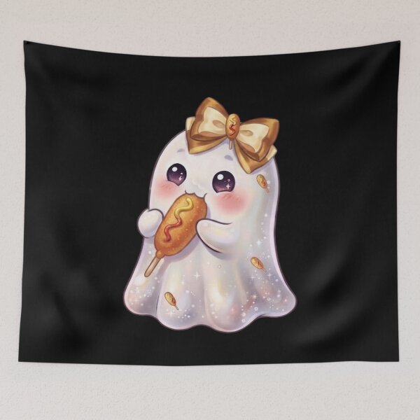 Item preview, Cute Kawaii Ghost Eating a Cheesy Yummy Corndog Design / Street Food Festival / Carnival / / Clothes / Tops / Decor / Halloween Decors / Foodie T-shirts mugs stickers phone case journal poster designed and sold by TeenLake.