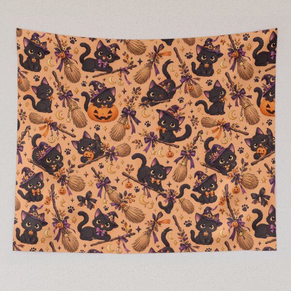 Item preview, Halloween Pattern: cute black cats and witch brooms designed and sold by DreamagineArtDesign.