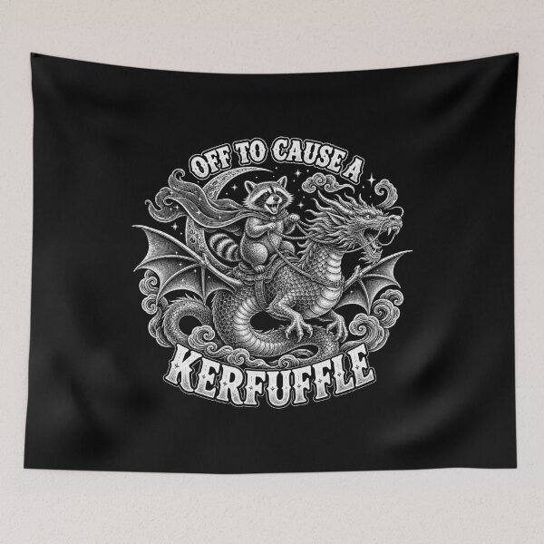 Item preview, Off to Cause a Kerfuffle Raccoon Riding Dragon Vintage Fantasy designed and sold by elkotbey.