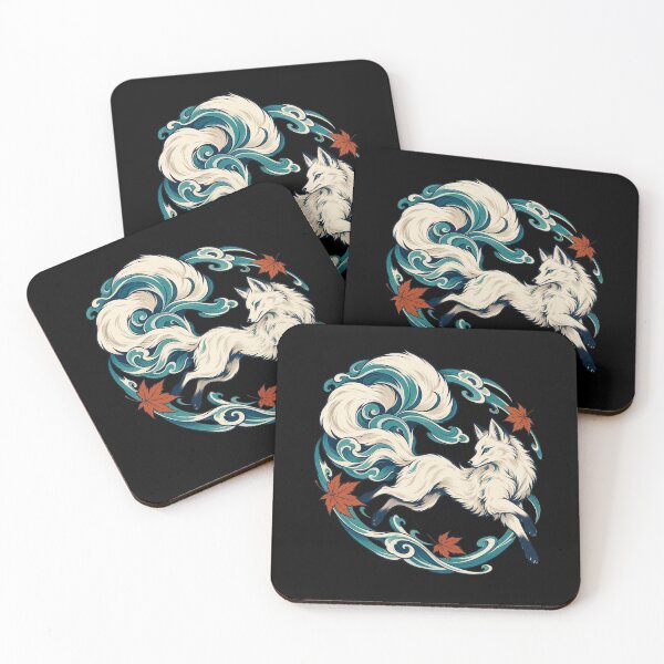 Item preview, White Kitsune Fox with Teal Waves and Autumn Maple Leaves designed and sold by BankshopTH.