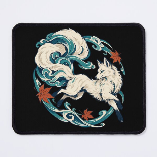 Item preview, White Kitsune Fox with Teal Waves and Autumn Maple Leaves designed and sold by BankshopTH.
