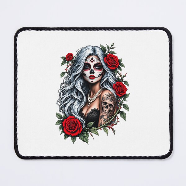 Item preview, Gothic Sugar Skull Girl With White Hair And Red Roses Graphic designed and sold by dartoffofo⭐⭐⭐⭐⭐.