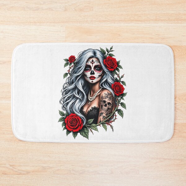 Item preview, Gothic Sugar Skull Girl With White Hair And Red Roses Graphic designed and sold by dartoffofo⭐⭐⭐⭐⭐.
