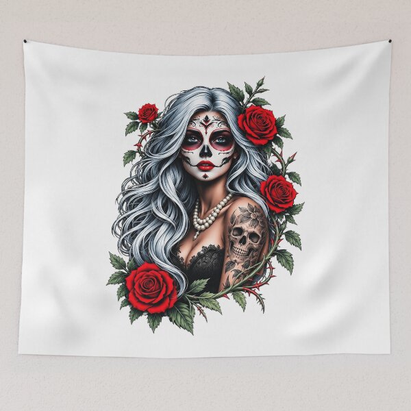 Item preview, Gothic Sugar Skull Girl With White Hair And Red Roses Graphic designed and sold by dartoffofo⭐⭐⭐⭐⭐.