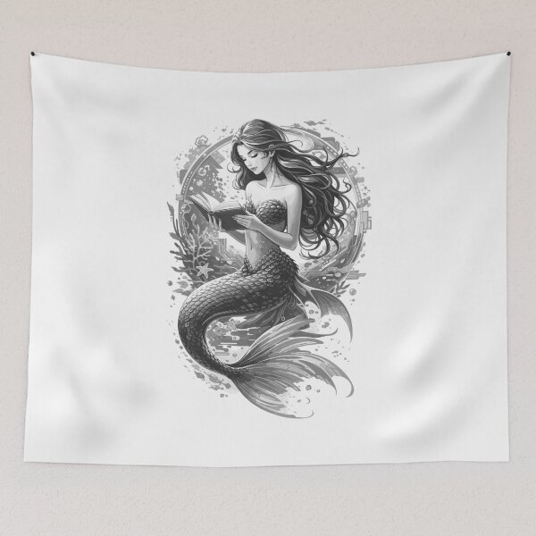 Item preview, Mermaid reading a book | Black and white design designed and sold by Pineapple-Tree.