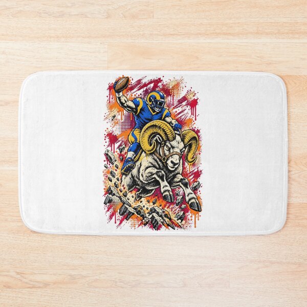 Item preview, Los Angeles Football Player Riding Giant Ram Horns Up Graphic designed and sold by dartoffofo⭐⭐⭐⭐⭐.