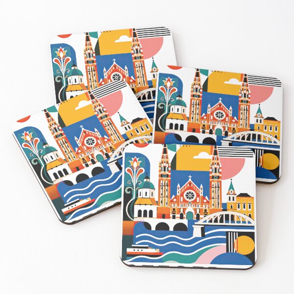 Item preview, Szeged Hungary travel poster featuring colorful landmarks, churc designed and sold by ckybe.