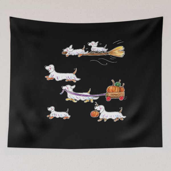 Item preview,  Halloween Dachshund Dogs Flying On Broom Pumpkin Wagon designed and sold by NancyxEasSHOP.