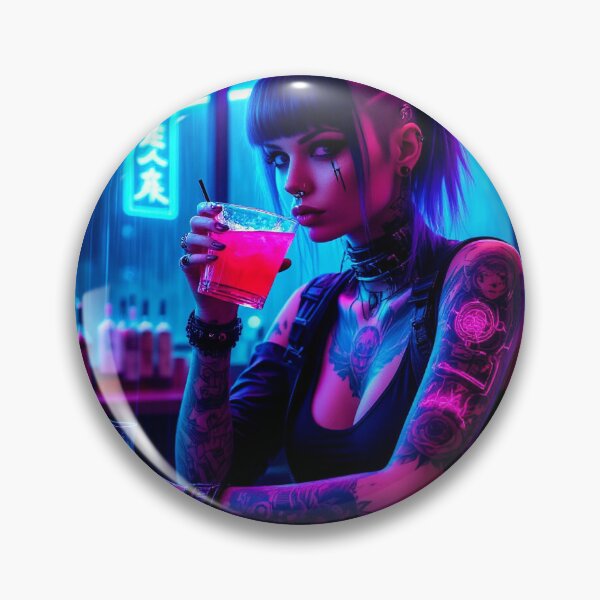 Item preview, Tattooed Cyberpunk Woman Drinking Neon Cocktail designed and sold by Marcello Aivazi.