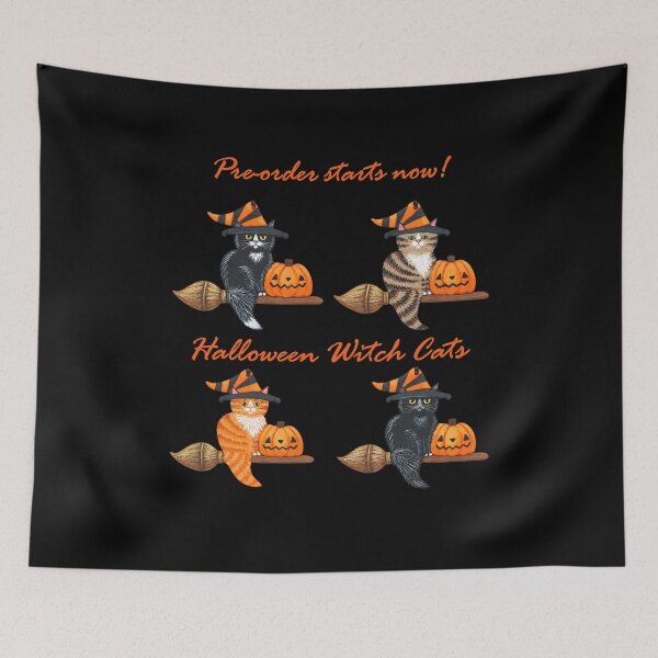Item preview,  Halloween Witch Cats Black Cat Tabby Cat Flying On Brooms With Pumpkins designed and sold by NancyxEasSHOP.