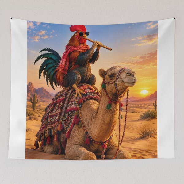Item preview, Cool Rooster Playing Flute on Camel in Desert Sunset Wall Art designed and sold by Sandeep design studio .