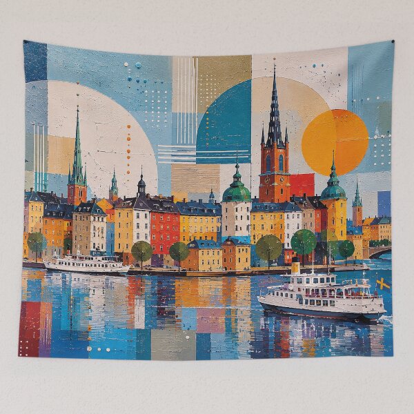 Item preview, A cubist painting of Stockholm, Sweden – A Beautiful city in Europe. designed and sold by GalleryKauffeld.