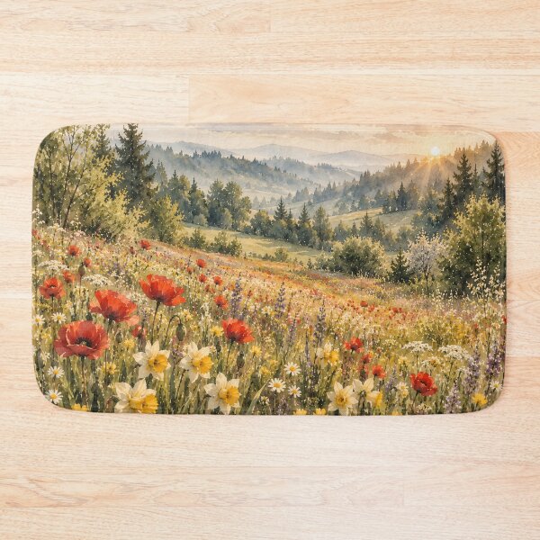 Item preview, Wildflower Meadow Watercolour Painting Sunlit Alpine Valley designed and sold by Jozefin's Studio.