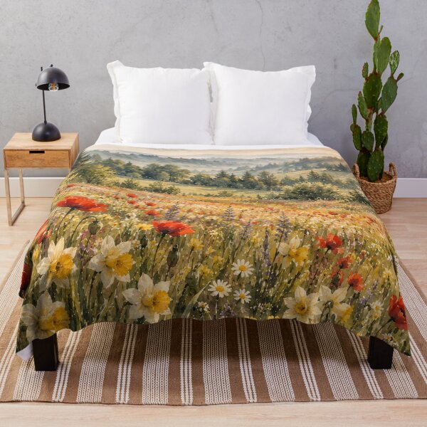 Item preview, Wildflower Meadow Watercolour Painting Sunlit Alpine Valley designed and sold by Jozefin's Studio.