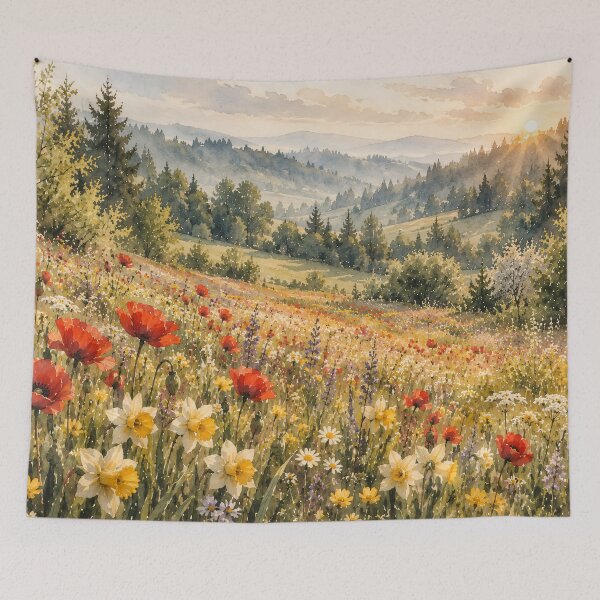 Item preview, Wildflower Meadow Watercolour Painting Sunlit Alpine Valley designed and sold by Jozefin's Studio.
