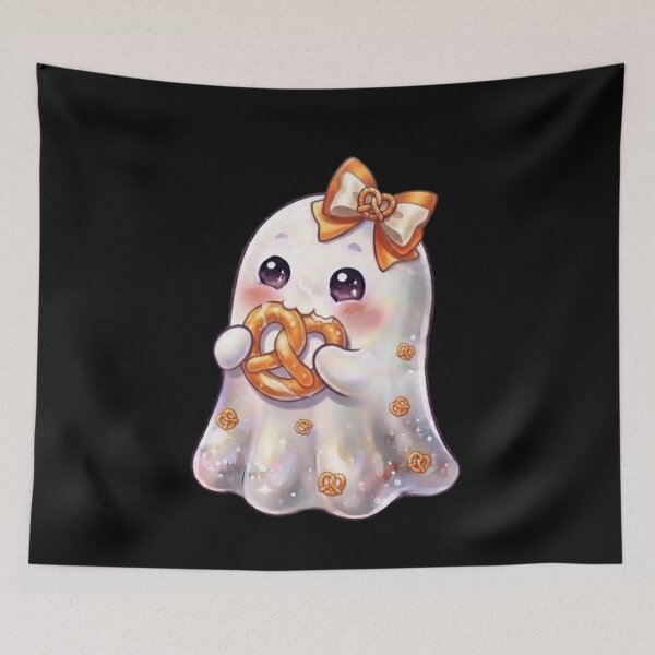 Item preview, Cute Kawaii Ghost Eating a Pretzel Design / Gift /  Bakery Shop / Tops / For kids / Halloween Decors / Foodie T-shirts mugs stickers phone case journal poster designed and sold by TeenLake.