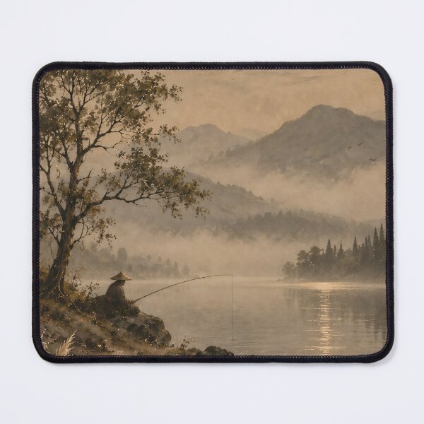 Item preview, Moonlit Lake Oil Painting Misty Mountain Fisherman Landscape designed and sold by Jozefin's Studio.