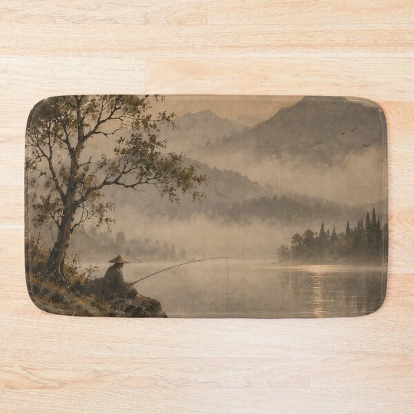 Item preview, Moonlit Lake Oil Painting Misty Mountain Fisherman Landscape designed and sold by Jozefin's Studio.