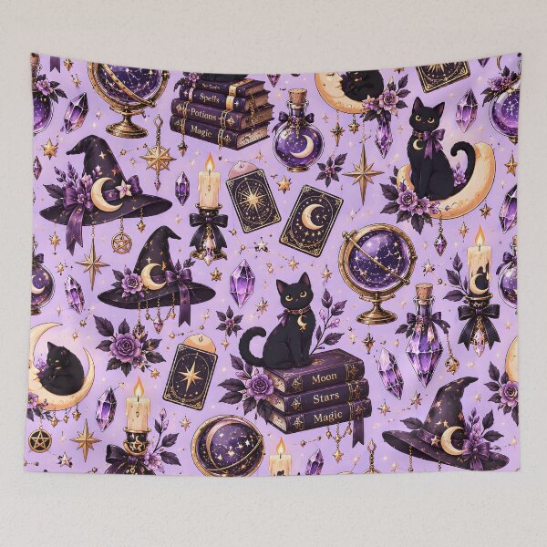 Item preview, Halloween Pattern: witchy aesthetics and cute black cats designed and sold by DreamagineArtDesign.