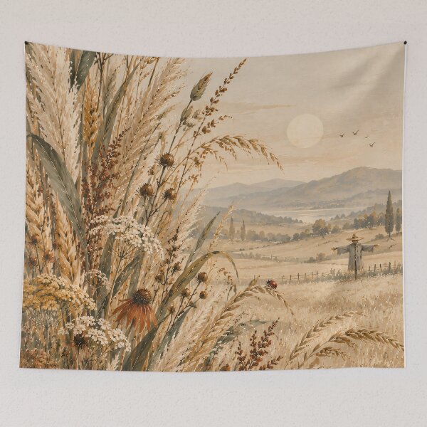 Item preview, Autumn Meadow Oil Painting Golden Wheat Field Bird designed and sold by Jozefin's Studio.