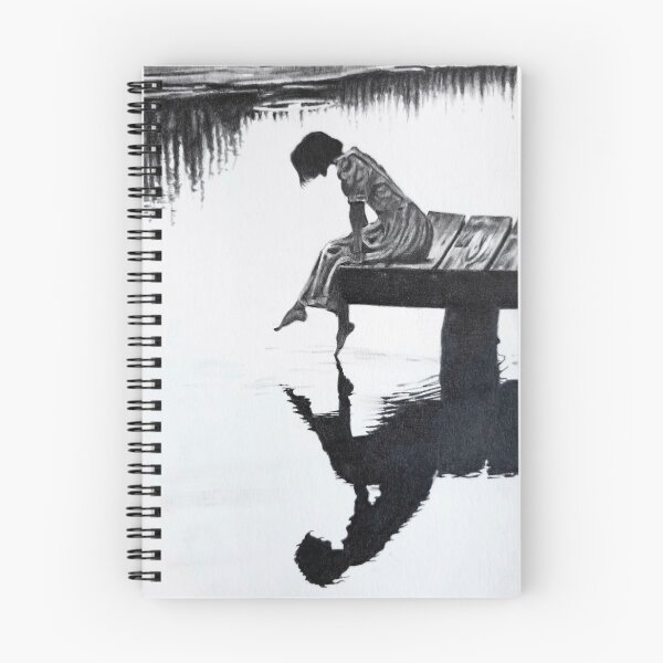 Item preview, Quiet Reflection – Girl on Wooden Dock Charcoal Pencil Drawing designed and sold by BoyanVBart.