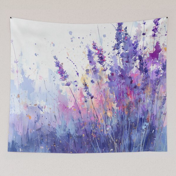 Item preview, Lavender Field Watercolor Meadow in Violet Periwinkle and Gold Floral Art designed and sold by solynneart.