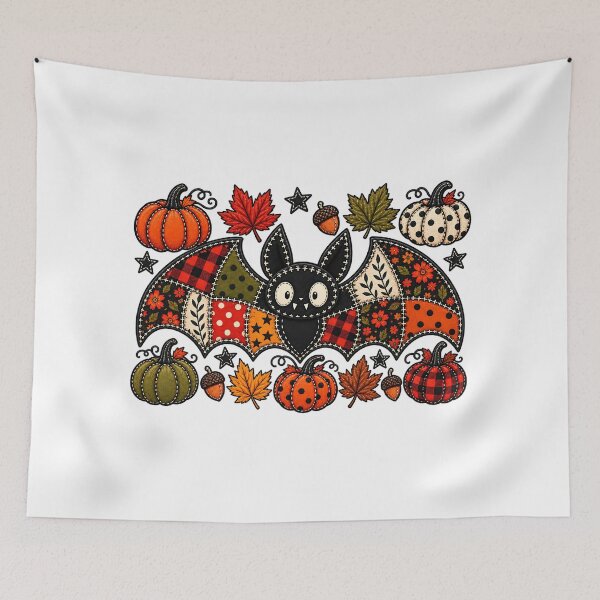 Item preview, Patchwork Bat Autumn Harvest Pumpkin Folk Art designed and sold by DesignArtist.ia.