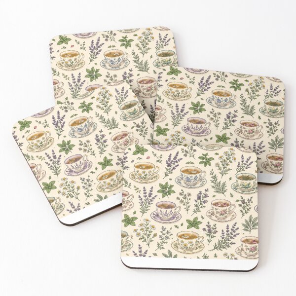 Item preview, Vintage Botanical Tea Cup and Herbal Tea Pattern designed and sold by SleepyLlamaClothes.