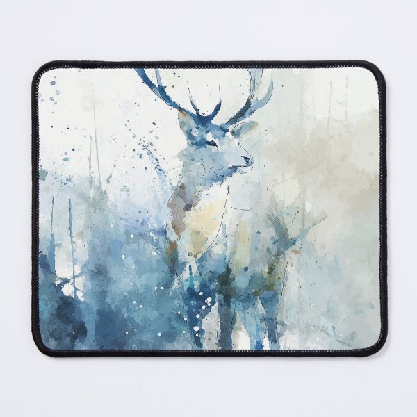 Item preview, Watercolor Stag Painting in Winter Fog Blue Grey Misty Forest Deer Art designed and sold by solynneart.