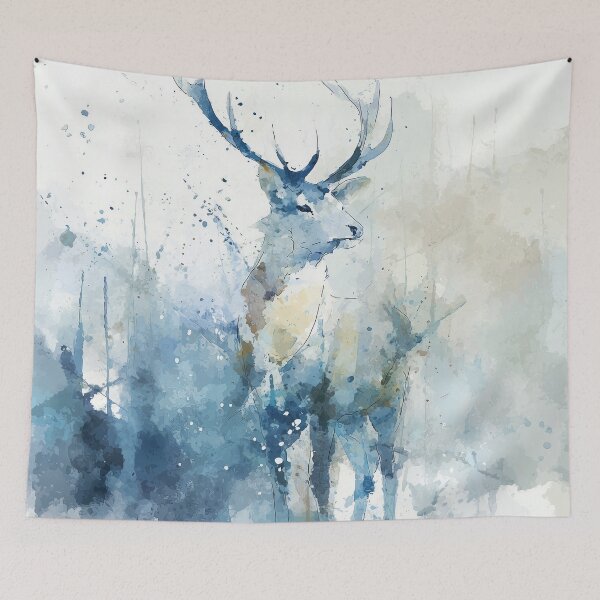 Item preview, Watercolor Stag Painting in Winter Fog Blue Grey Misty Forest Deer Art designed and sold by solynneart.