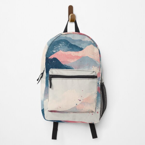 Item preview, Abstract Mountain Landscape Indigo Blue and Coral Pink Layered Peaks Art designed and sold by solynneart.