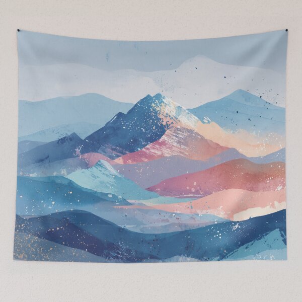 Item preview, Pastel Sunset Mountains Peach Teal and Blue Alpenglow Landscape Wall Art designed and sold by solynneart.