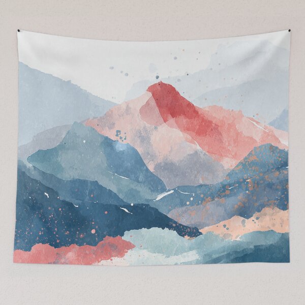 Item preview, Watercolor Mountain Peak Coral Red Summit and Navy Blue Alpine Ridges Art designed and sold by solynneart.