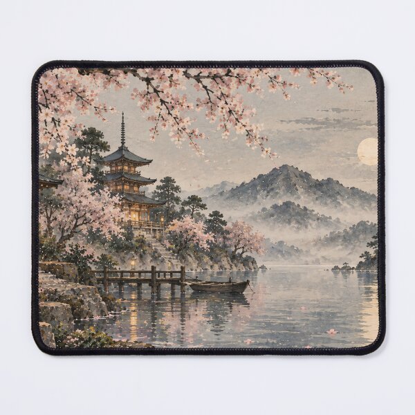 Item preview, Japanese Moonlit Watercolor Pagoda Cherry Blossom Lake designed and sold by Jozefin's Studio.