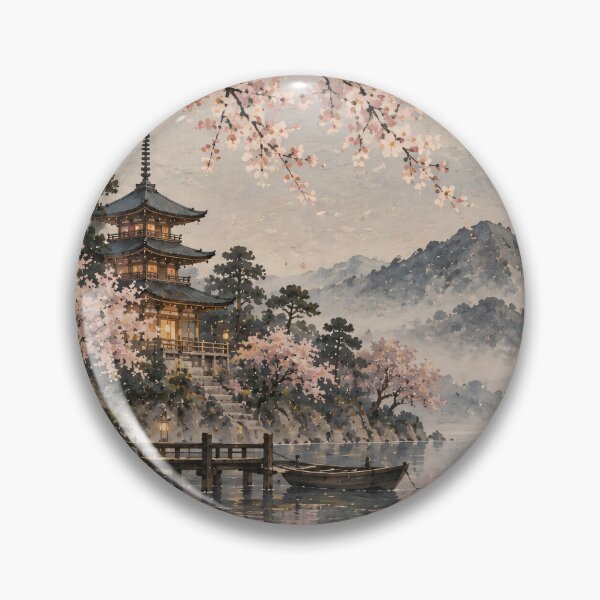 Item preview, Japanese Moonlit Watercolor Pagoda Cherry Blossom Lake designed and sold by Jozefin's Studio.