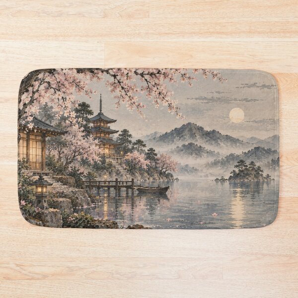 Item preview, Japanese Moonlit Watercolor Pagoda Cherry Blossom Lake designed and sold by Jozefin's Studio.
