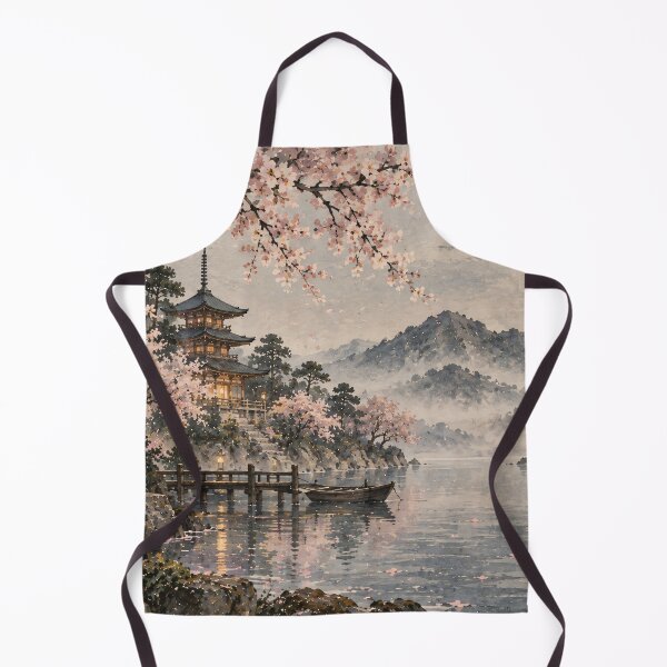 Item preview, Japanese Moonlit Watercolor Pagoda Cherry Blossom Lake designed and sold by Jozefin's Studio.